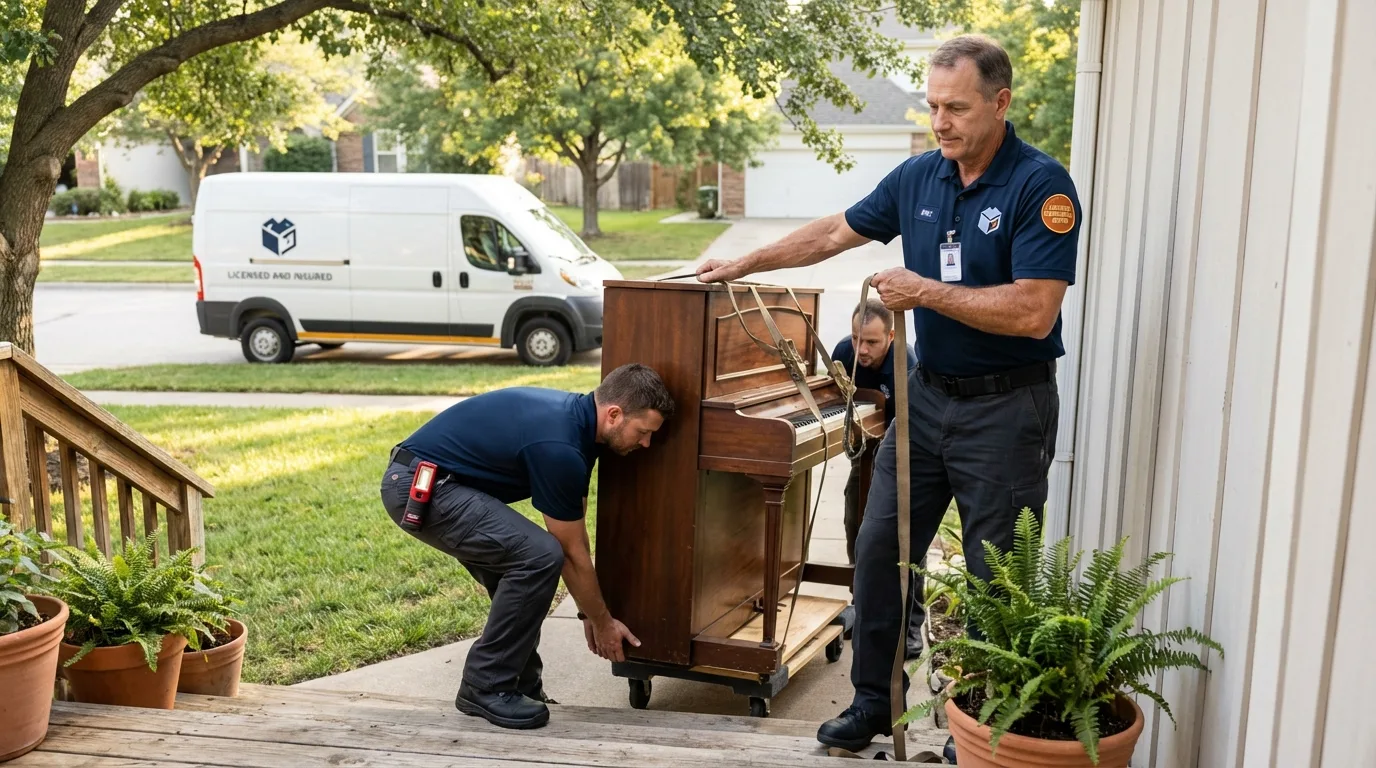 Licensed piano movers securing grand piano in Perry, IA
